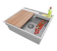 PRIMAGRAN Evier Cuisine en Granit Gris 58x53cm, Lavabo 1 bac + Kit de Vidage, Évier à Encastrer au Meuble 60cm - Oslo S279