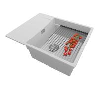 PRIMAGRAN Evier Cuisine en Granit Gris 62x50cm, Lavabo 1 bac + Kit de Vidage + Égouttoir Enroulable, Évier à Encastrer al mueble 50cm - San Francisco S071