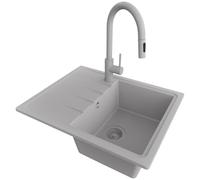 PRIMAGRAN Evier Cuisine en Granit Gris 62x50cm, Lavabo 1 bac + Robinet 40x20cm + Kit de Vidage, Évier à Encastrer al mueble 40cm - Milan
