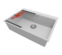 PRIMAGRAN Evier Cuisine en Granit Gris 68x50cm, Lavabo 1 bac + Kit de Vidage + Égouttoir Enroulable, Évier à Encastrer al mueble 70cm - Oslo S203