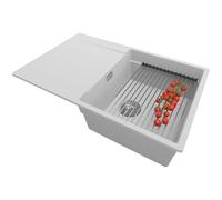 PRIMAGRAN Evier Cuisine en Granit Gris 78x50cm, Lavabo 1 bac + Kit de Vidage + Égouttoir Enroulable, Évier à Encastrer al mueble 50cm - San Francisco S023