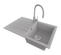 PRIMAGRAN Evier Cuisine en Granit Gris 78x50cm, Lavabo 1 bac + Robinet 38x14cm + Kit de Vidage, Évier à Encastrer al mueble 45cm - Milan