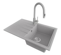 PRIMAGRAN Evier Cuisine en Granit Gris 78x50cm, Lavabo 1 bac + Robinet 40x20cm + Kit de Vidage, Évier à Encastrer au Meuble 45cm - Milan S081