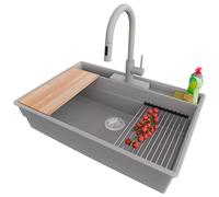 PRIMAGRAN Evier Cuisine en Granit Gris 78x53cm, Lavabo 1 bac + Robinet 40x20cm + Kit de Vidage + Accessoires, Évier à Encastrer al mueble 80cm - New York