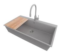 PRIMAGRAN Evier Cuisine en Granit Gris 88x50cm, Lavabo 1 bac + Kit de Vidage + Planche à Découper, Évier à Encastrer al mueble 90cm - Oslo