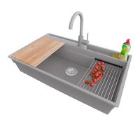 PRIMAGRAN Evier Cuisine en Granit Gris 88x53cm, Lavabo 1 bac + Kit de Vidage + Accessoires, Évier à Encastrer al mueble 90cm - Oslo Pocket