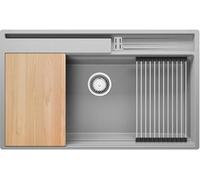 PRIMAGRAN Evier Cuisine en Granit Gris 88x53cm, Lavabo 1 bac + Kit de Vidage + Accessoires, Évier à Encastrer al mueble 90cm - Oslo Pocket S459