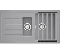 PRIMAGRAN Evier Cuisine en Granit Gris 90x50cm, Lavabo 1,5 bacs + Kit de Vidage + Égouttoir Enroulable, Évier à Encastrer au Meuble 60cm - Copenhague Duo S039