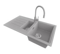 PRIMAGRAN Evier Cuisine en Granit Gris 90x50cm, Lavabo 1,5 bacs + Robinet 38x14cm + Kit de Vidage, Évier à Encastrer au Meuble 60cm - Copenhague Duo S031