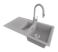 PRIMAGRAN Evier Cuisine en Granit Gris 90x50cm, Lavabo 1,5 bacs + Robinet 40x20cm + Kit de Vidage, Évier à Encastrer au Meuble 60cm - Copenhague Duo S023