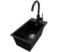 PRIMAGRAN Evier Cuisine en Granit Noir 28x50cm, Lavabo 1 bac + Robinet 32x20cm + Kit de Vidage, Évier à Encastrer al mueble 30cm - Riga S060