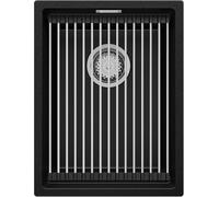 PRIMAGRAN Evier Cuisine en Granit Noir 36x47cm, Lavabo 1 bac + Kit de Vidage + Égouttoir Enroulable, Évier à Encastrer al mueble 40cm - Prague Slim S037