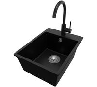 PRIMAGRAN Evier Cuisine en Granit Noir 38x50cm, Lavabo 1 bac + Robinet 32x20cm + Kit de Vidage, Évier à Encastrer al mueble 40cm - Riga S045