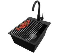PRIMAGRAN Evier Cuisine en Granit Noir 38x50cm, Lavabo 1 bac + Robinet 32x20cm + Set d’accessoires, Évier à Encastrer al mueble 40cm - Riga S109