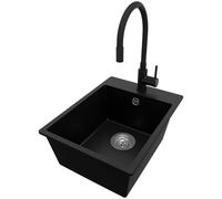 PRIMAGRAN Evier Cuisine en Granit Noir 38x50cm, Lavabo 1 bac + Robinet 40x38cm + Kit de Vidage, Évier à Encastrer al mueble 40cm - Riga S061