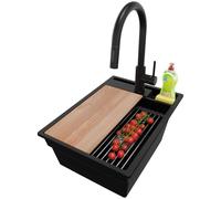 PRIMAGRAN Evier Cuisine en Granit Noir 38x53cm, Lavabo 1 bac + Robinet 40x20cm + Kit de Vidage, Évier à Encastrer au Meuble 40cm - Oslo S045