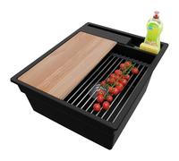 PRIMAGRAN Evier Cuisine en Granit Noir 43x53cm, Lavabo 1 bac + Kit de Vidage, Évier à Encastrer au Meuble 45cm - Oslo S095