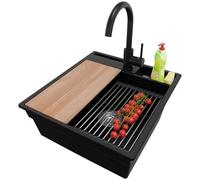 PRIMAGRAN Evier Cuisine en Granit Noir 48x53cm, Lavabo 1 bac + Robinet 32x20cm + Set d’accessoires, Évier à Encastrer al mueble 50cm - Oslo Pocket S161