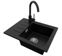 PRIMAGRAN Evier Cuisine en Granit Noir 55x44cm, Lavabo 1 bac + Robinet 32x20cm + Kit de Vidage, Évier à Encastrer al mueble 45cm - Copenhague Easy