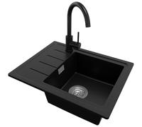 PRIMAGRAN Evier Cuisine en Granit Noir 55x44cm, Lavabo 1 bac + Robinet 32x20cm + Kit de Vidage, Évier à Encastrer al mueble 45cm - Copenhague Easy S009