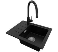 PRIMAGRAN Evier Cuisine en Granit Noir 55x44cm, Lavabo 1 bac + Robinet 40x20cm + Kit de Vidage, Évier à Encastrer al mueble 45cm - Copenhague Easy S013