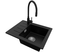 PRIMAGRAN Evier Cuisine en Granit Noir 55x44cm, Lavabo 1 bac + Robinet 40x38cm + Kit de Vidage, Évier à Encastrer al mueble 45cm - Copenhague Easy S017