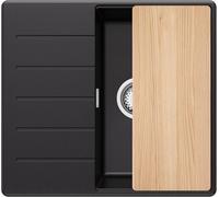 PRIMAGRAN Evier Cuisine en Granit Noir 55x50cm, Lavabo 1 bac + Kit de Vidage + Planche à Découper, Évier à Encastrer al mueble 40cm - Copenhague