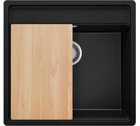 PRIMAGRAN Evier Cuisine en Granit Noir 56x53cm, Lavabo 1 bac + Kit de Vidage + Planche à Découper, Évier à Encastrer al mueble 60cm - Bergen S183