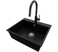 PRIMAGRAN Evier Cuisine en Granit Noir 58x50cm, Lavabo 1 bac + Robinet 40x20cm + Kit de Vidage, Évier à Encastrer al mueble 60cm - Riga S184
