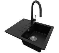 PRIMAGRAN Evier Cuisine en Granit Noir 62x50cm, Lavabo 1 bac + Robinet 40x20cm + Kit de Vidage, Évier à Encastrer au Meuble 40cm - Milan S015