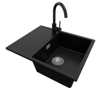 PRIMAGRAN Evier Cuisine en Granit Noir 62x50cm, Lavabo 1 bac + Robinet 32x20cm + Kit de Vidage, Évier à Encastrer al mueble 45cm - Ibiza