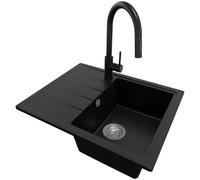 PRIMAGRAN Evier Cuisine en Granit Noir 62x50cm, Lavabo 1 bac + Robinet 40x20cm + Kit de Vidage, Évier à Encastrer al mueble 40cm - Milan S061