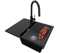 PRIMAGRAN Evier Cuisine en Granit Noir 62x50cm, Lavabo 1 bac + Robinet 40x20cm + Set d’accessoires, Évier à Encastrer au Meuble 45cm - Ibiza S035