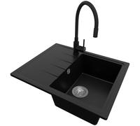 PRIMAGRAN Evier Cuisine en Granit Noir 62x50cm, Lavabo 1 bac + Robinet 40x38cm + Kit de Vidage, Évier à Encastrer al mueble 40cm - Milan
