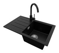 PRIMAGRAN Evier Cuisine en Granit Noir 70x44cm, Lavabo 1 bac + Robinet 32x20cm + Kit de Vidage, Évier à Encastrer al mueble 45cm - Copenhague Easy S027