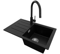 PRIMAGRAN Evier Cuisine en Granit Noir 70x44cm, Lavabo 1 bac + Robinet 40x20cm + Kit de Vidage, Évier à Encastrer al mueble 45cm - Copenhague Easy