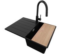 PRIMAGRAN Evier Cuisine en Granit Noir 70x50cm, Lavabo 1 bac + Kit de Vidage + Robinet 40x22cm + Planche à Découper, Évier à Encastrer au meuble 40cm - Copenhague