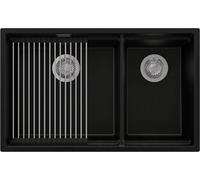 PRIMAGRAN Evier Cuisine en Granit Noir 76x47cm, Lavabo 2 bacs + Kit de Vidage + Égouttoir Enroulable, Évier à Encastrer al mueble 80cm - Prague Slim Duo