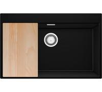PRIMAGRAN Evier Cuisine en Granit Noir 78x50cm, Lavabo 1 bac + Kit de Vidage + Planche à Découper, Évier à Encastrer au Meuble 80cm - Oslo S595