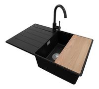 PRIMAGRAN Evier Cuisine en Granit Noir 78x50cm, Lavabo 1 bac + Robinet 32x20cm + Set d’accessoires, Évier à Encastrer au Meuble 50cm - Copenhague Top S537