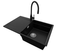 PRIMAGRAN Evier Cuisine en Granit Noir 78x50cm, Lavabo 1 bac + Robinet 40x38cm + Kit de Vidage, Évier à Encastrer al mueble 50cm - San Francisco