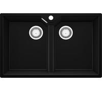 PRIMAGRAN Evier Cuisine en Granit Noir 78x50cm, Lavabo 2 bacs + Kit de Vidage, Évier à Encastrer al mueble 80cm - Madrid Twin