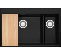 PRIMAGRAN Evier Cuisine en Granit Noir 78x50cm, Lavabo 2 bacs + Kit de Vidage + Planche à Découper, Évier à Encastrer au meuble 80cm - Oslo Duo