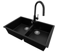 PRIMAGRAN Evier Cuisine en Granit Noir 78x50cm, Lavabo 2 bacs + Kit de Vidage + Robinet 40x22cm, Évier à Encastrer au meuble 80cm - Madrid Twin
