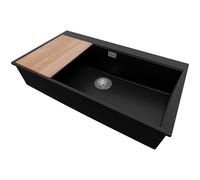 PRIMAGRAN Evier Cuisine en Granit Noir 88x50cm, Lavabo 1 bac + Planche à Découper, Évier à Encastrer al mueble 90cm - Oslo