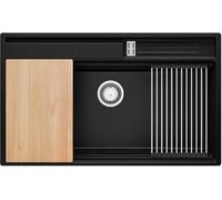 PRIMAGRAN Evier Cuisine en Granit Noir 88x53cm, Lavabo 1 bac + Kit de Vidage, Évier à Encastrer au Meuble 90cm - Oslo S455