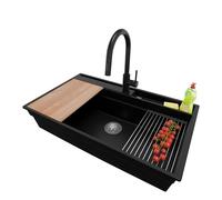 PRIMAGRAN Evier Cuisine en Granit Noir 88x53cm, Lavabo 1 bac + Robinet 40x20cm + Set d’accessoires, Évier à Encastrer al mueble 90cm - Oslo Pocket S297