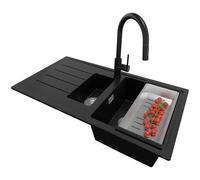 PRIMAGRAN Evier Cuisine en Granit Noir 90x50cm, Lavabo 1,5 bacs + Kit de Vidage + Robinet 40x22cm, Évier à Encastrer au meuble 60cm - Copenhague Duo