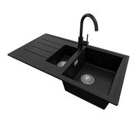 PRIMAGRAN Evier Cuisine en Granit Noir 90x50cm, Lavabo 1,5 bacs + Robinet 32x20cm + Kit de Vidage, Évier à Encastrer al mueble 60cm - Copenhague Duo