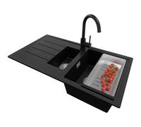 PRIMAGRAN Evier Cuisine en Granit Noir 90x50cm, Lavabo 1,5 bacs + Robinet 32x20cm + Kit de Vidage, Évier à Encastrer al mueble 60cm - Copenhague Duo